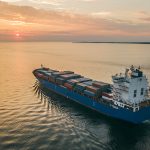 Container ship sailing in sea